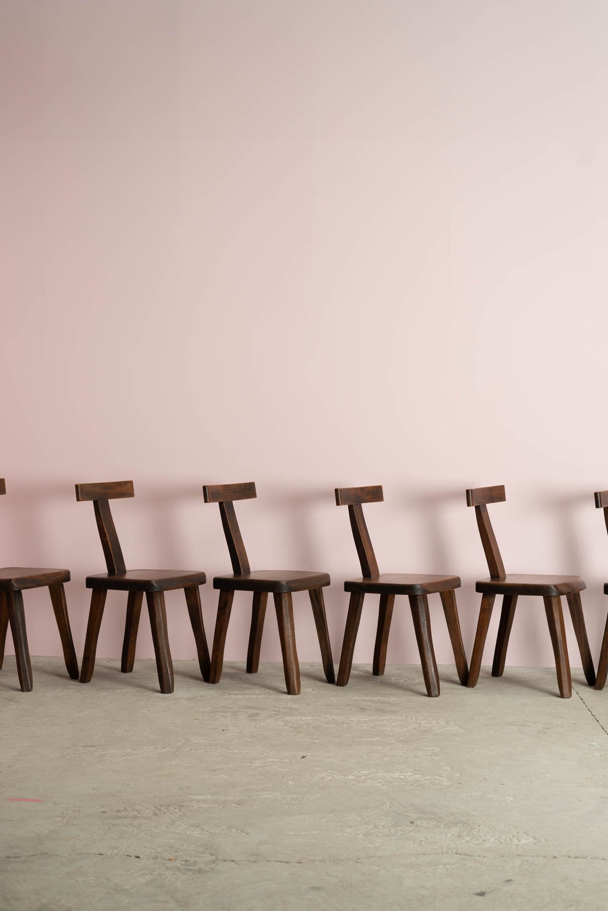 Set of 6 wooden brutalist T-chairs in the style of Olavi Hanninen
