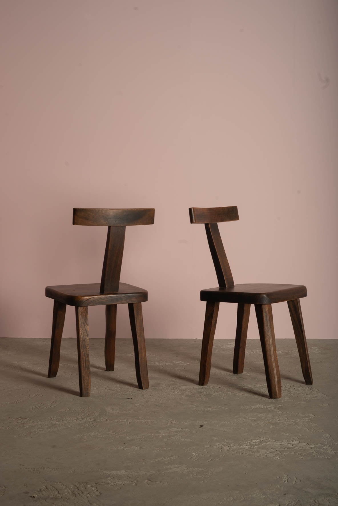 Set of 6 wooden brutalist T-chairs in the style of Olavi Hanninen