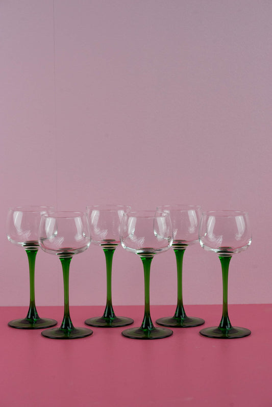 Set van 6 wijnglazen met groene voet